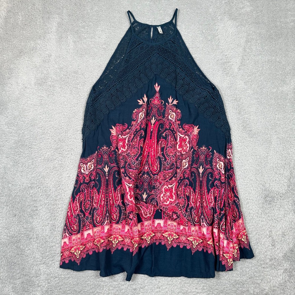 Free People Intimately Halter dress Navy‎ Pink Paisley Crochet Lace High Neck M